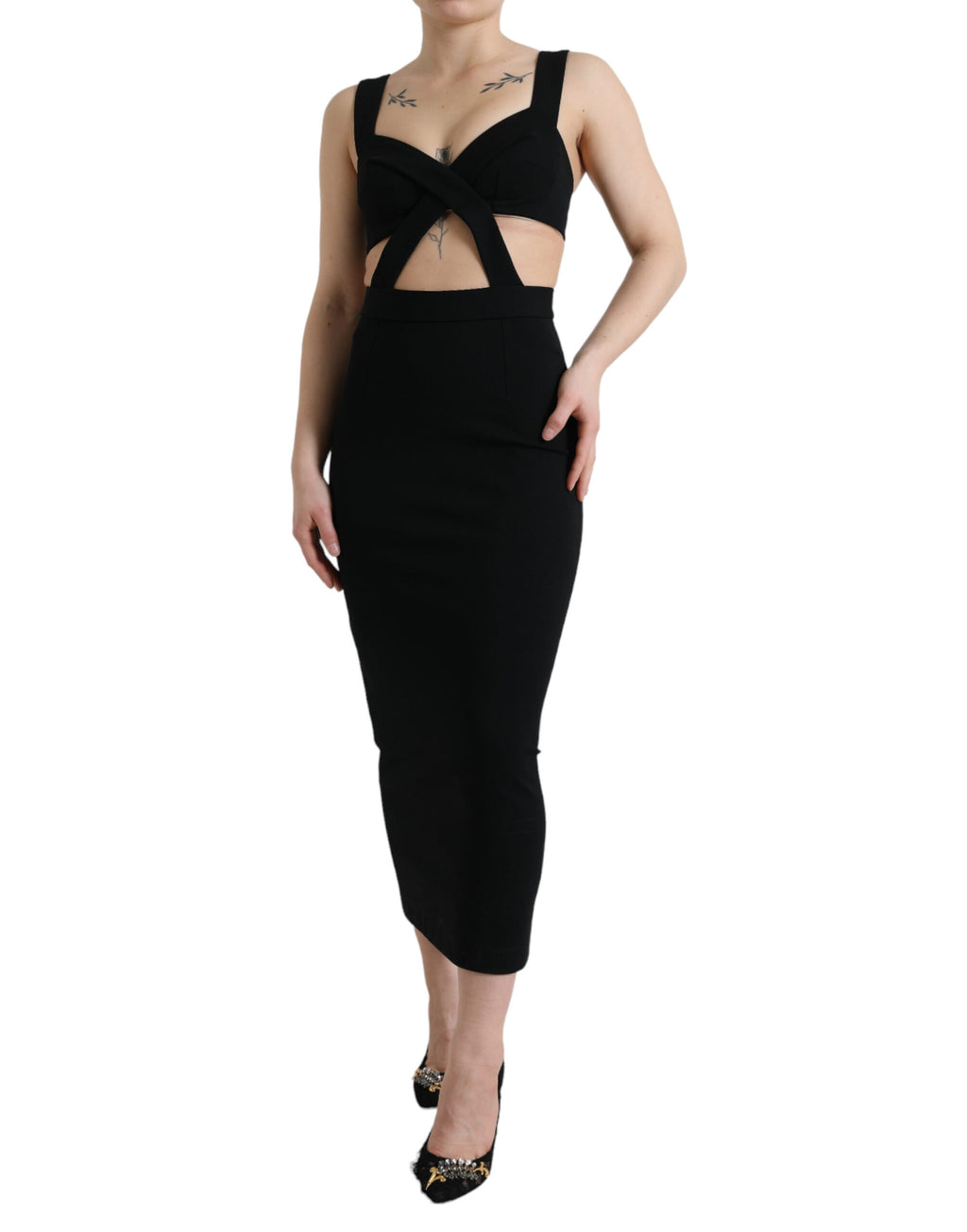 Robe midi noire sans manches de corps ajustée avec découpes, conçue par Dolce & Gabbana.
