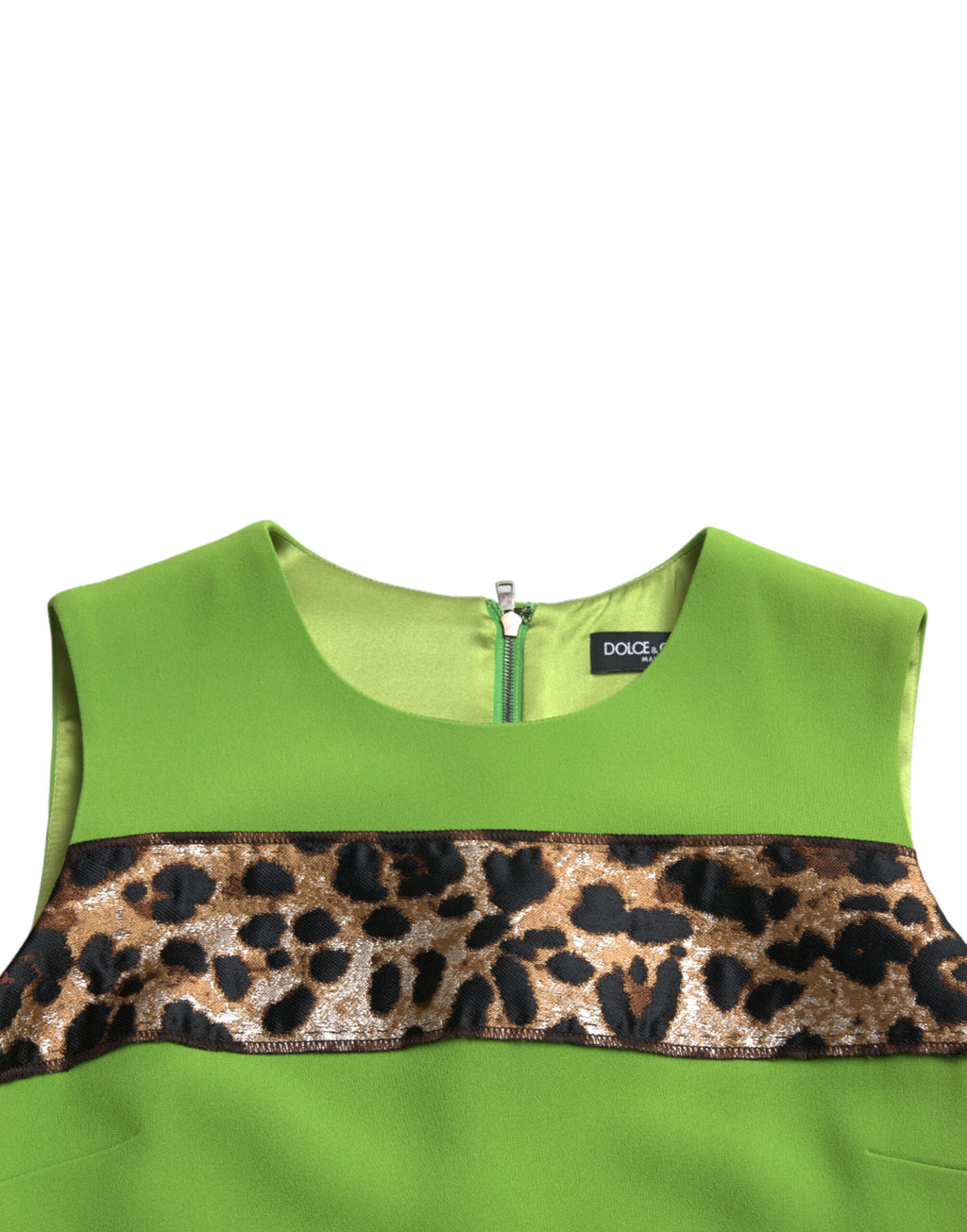 Robe sans manches Dolce & Gabbana verte pomme avec panneaux, coupe shift élégante et style sophistiqué.