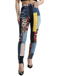Jeans skinny en denim multicolore à patchwork Dolce & Gabbana, style moderne et tendance, visible avec détails colorés.