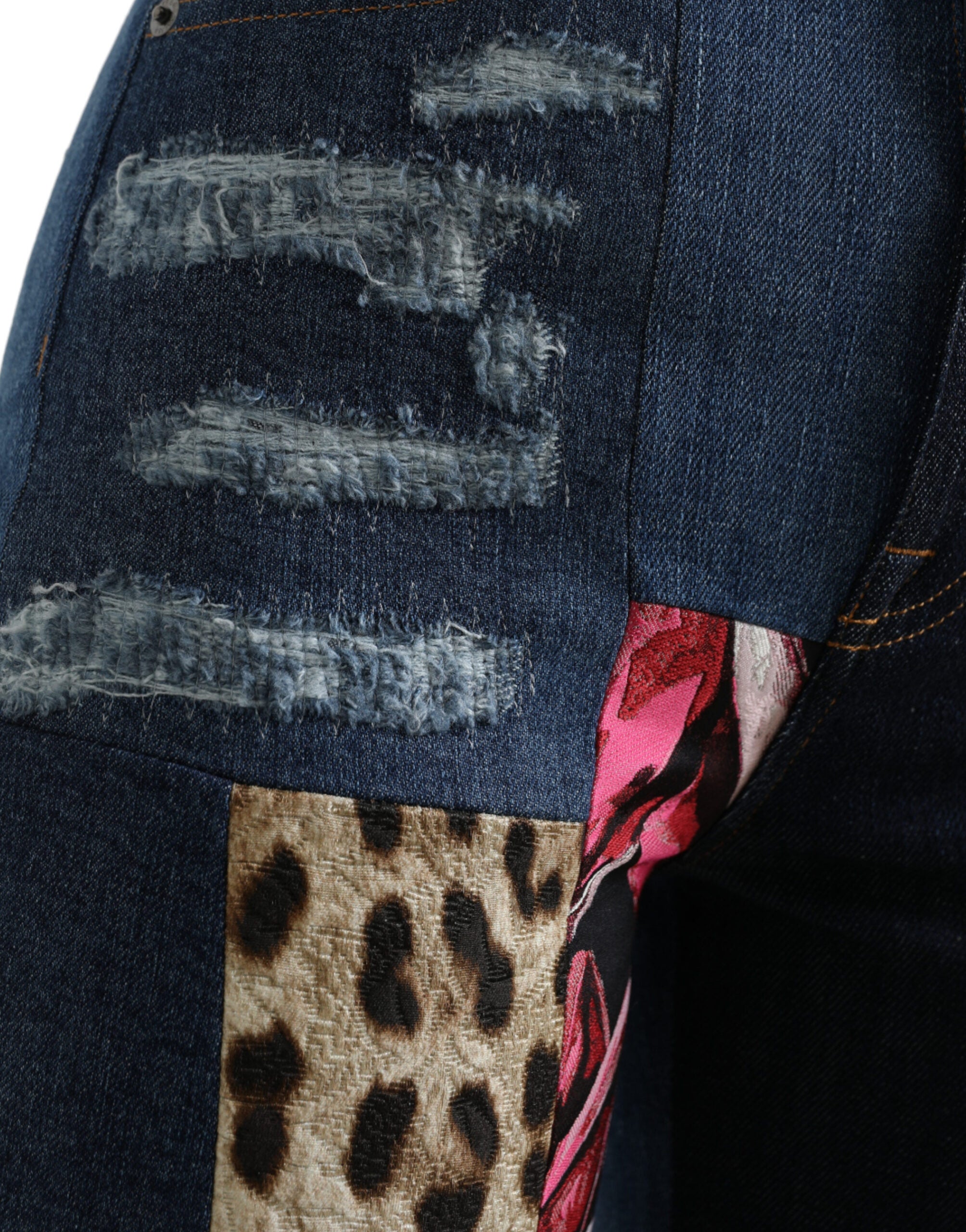 Jeans skinny en denim multicolore à patchwork Dolce & Gabbana, modèle Grace avec design unique et détails colorés.