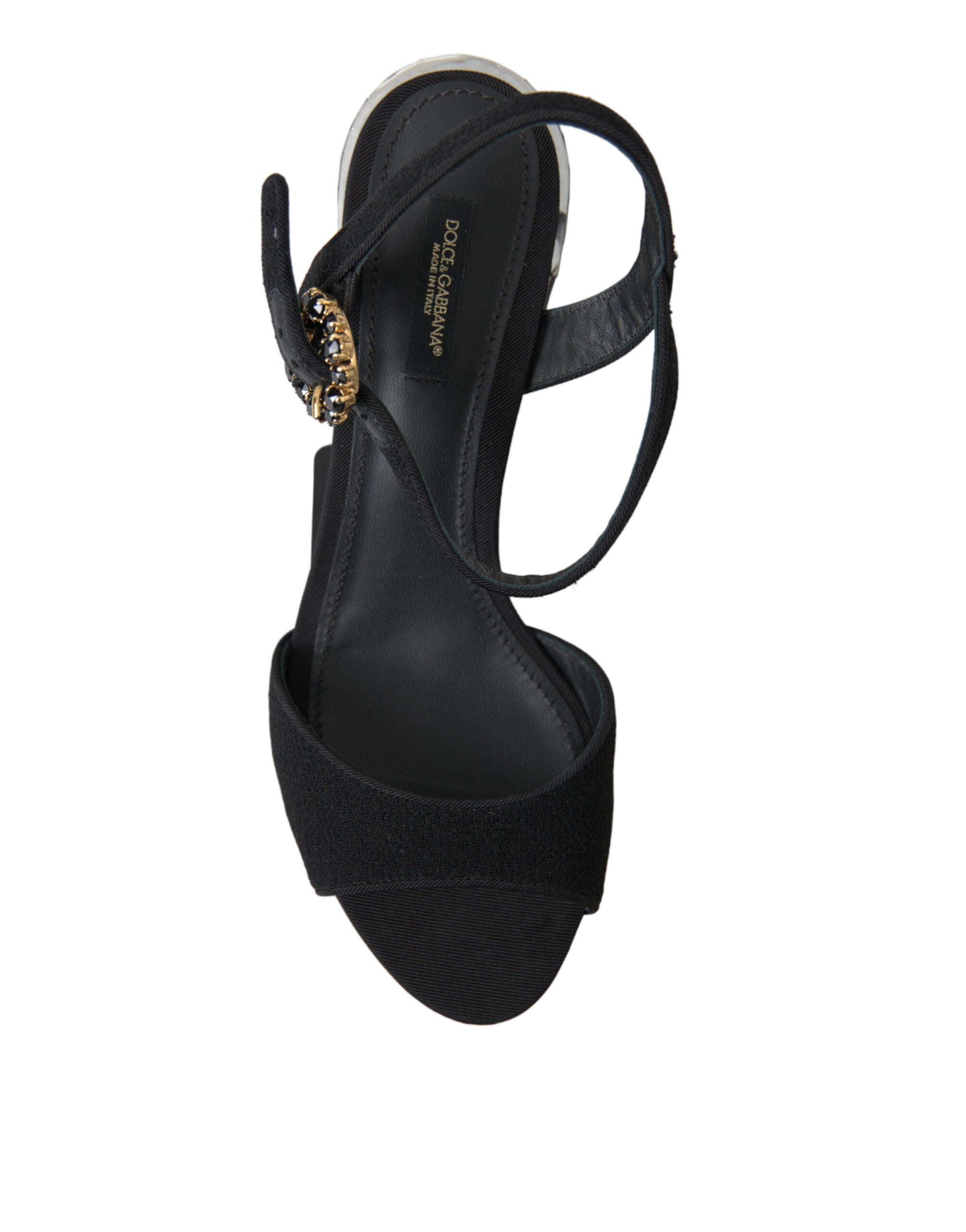 Sandales noires Dolce & Gabbana à bride à la cheville avec cristaux brillants, chaussures élégantes et sophistiquées.
