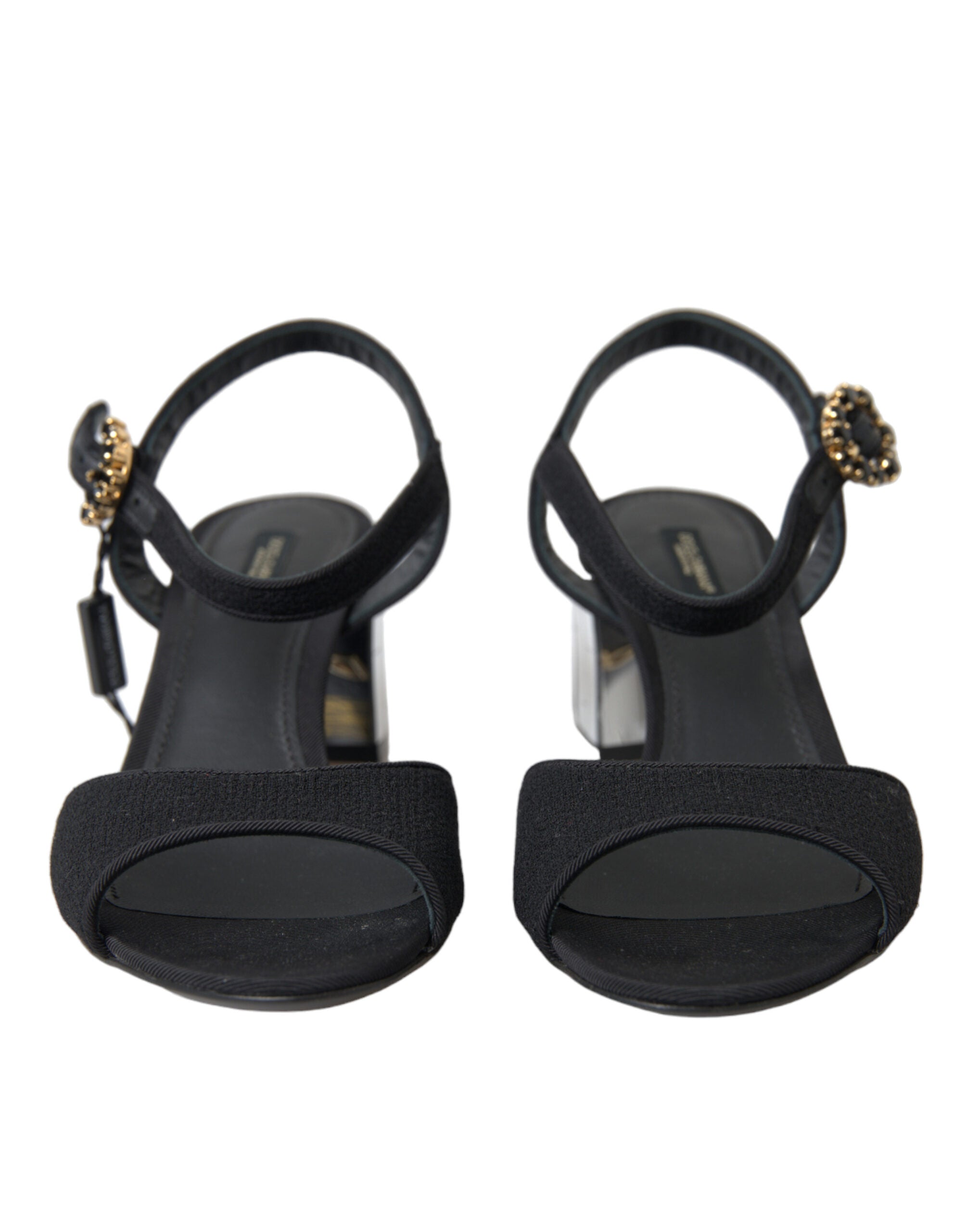 Sandales à talons noires Dolce & Gabbana avec cristaux, bride à la cheville, élégantes et sophistiquées.