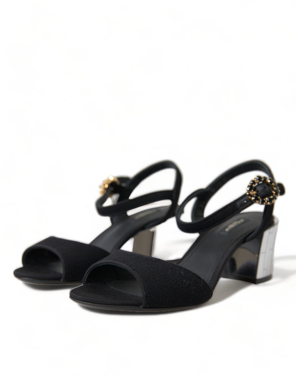 Sandales à talons Dolce & Gabbana noires avec cristaux et bride à la cheville, chaussures élégantes en cuir.