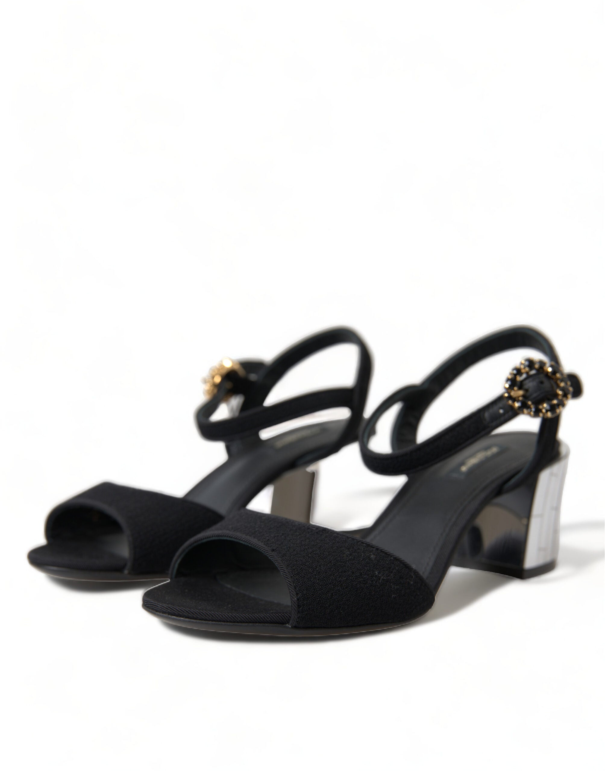 Sandales à talons Dolce & Gabbana noires avec cristaux et bride à la cheville, chaussures élégantes en cuir.