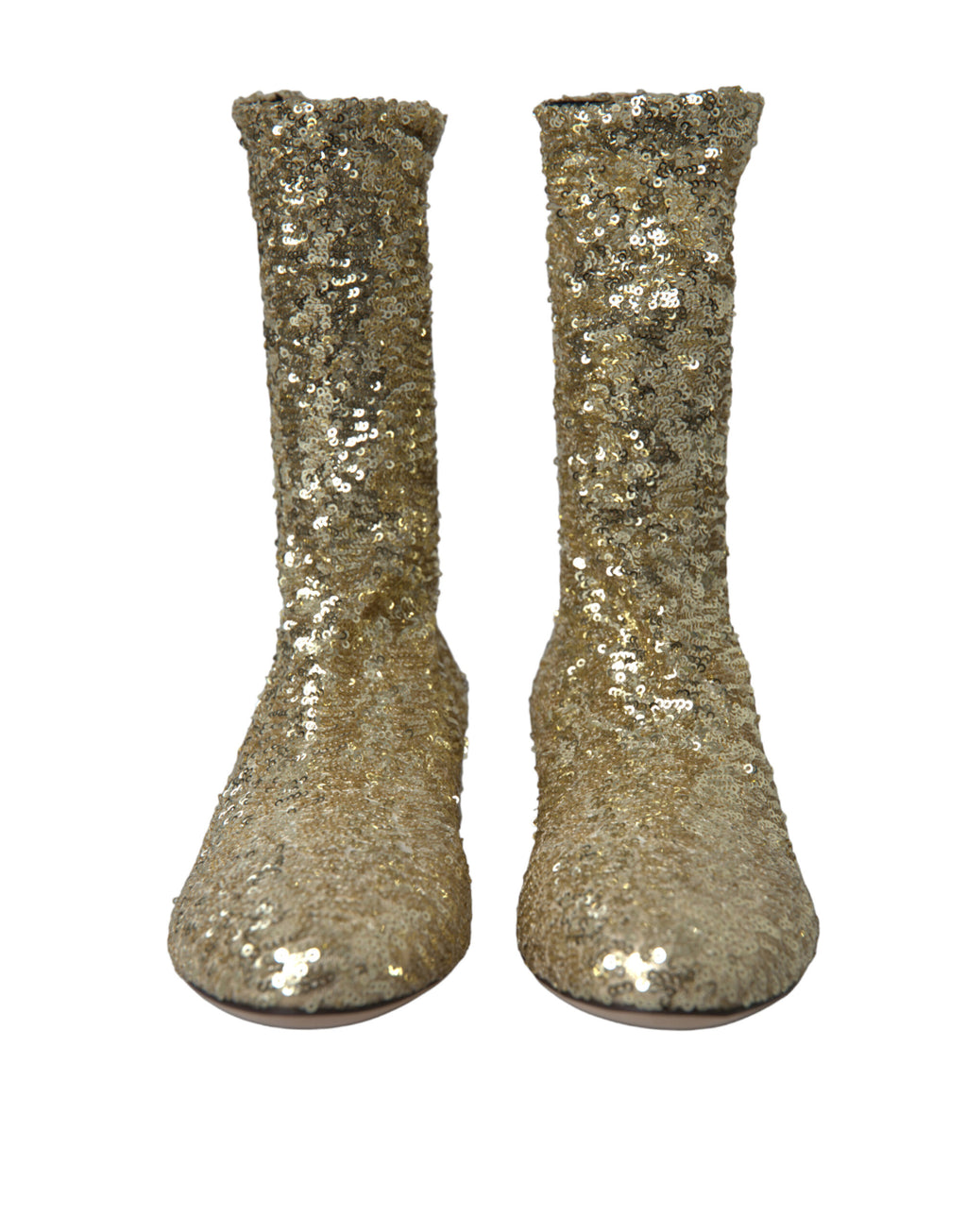 Bottes courtes Dolce & Gabbana à sequins dorés, chaussures extensibles avec talons, style élégant et brillant.