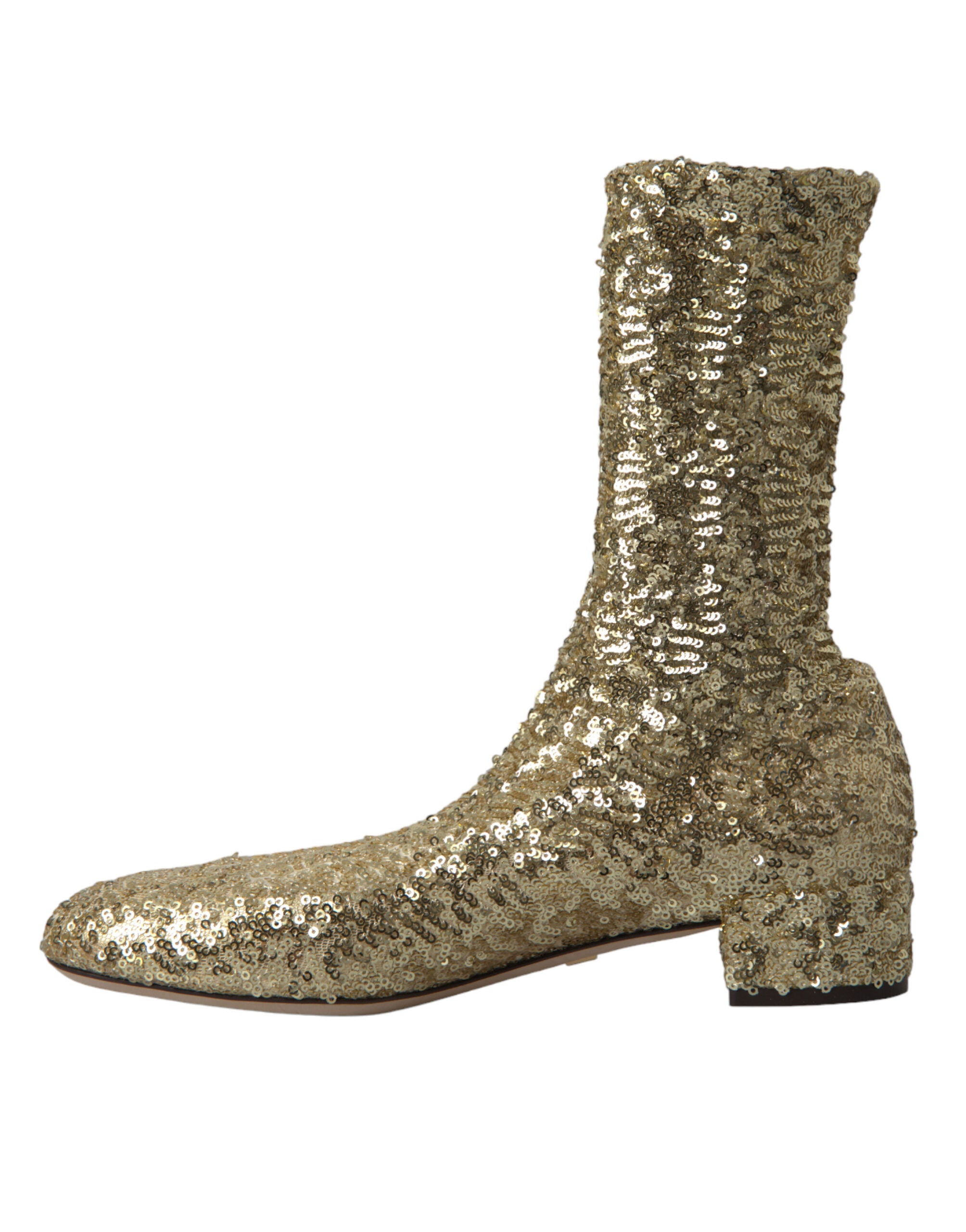 Bottes courtes dorées Dolce & Gabbana à sequins, chaussures extensibles élégantes pour femme.