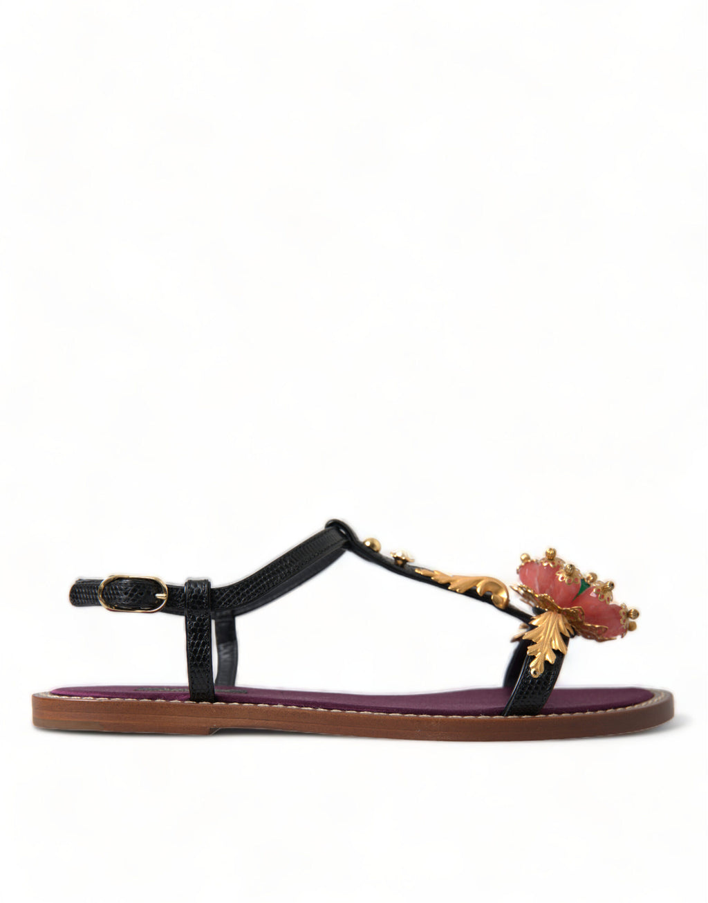 Sandales en cuir Dolce & Gabbana noires avec cristaux, détails en or, chaussures élégantes pour femmes.