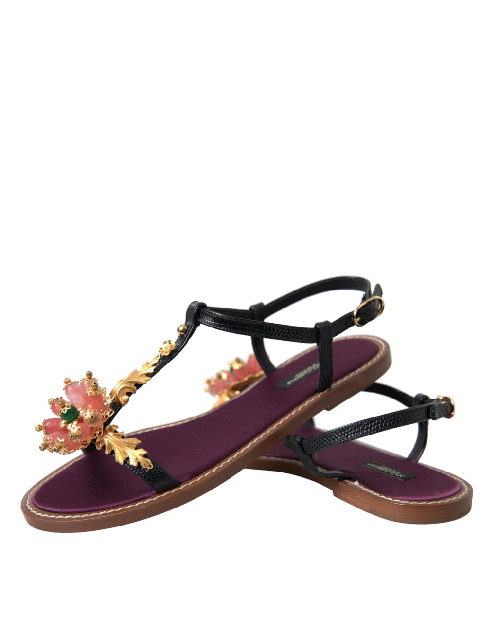 Sandales en cuir Dolce & Gabbana noires avec cristaux et détails en or, élégantes chaussures à talons pour femmes