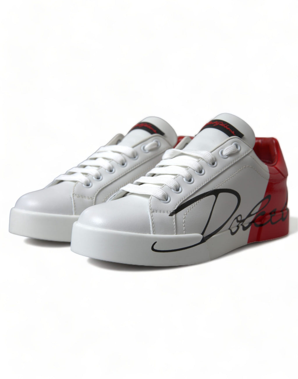 Sneakers basses blanches et rouges Dolce & Gabbana pour femmes avec lacets, style décontracté et design élégant.