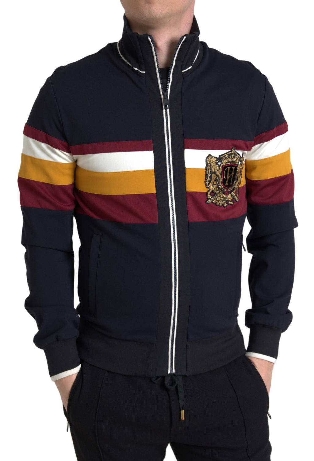 Cardigan Dolce & Gabbana bleu avec fermeture éclair et motif héraldique, pull élégant pour homme.