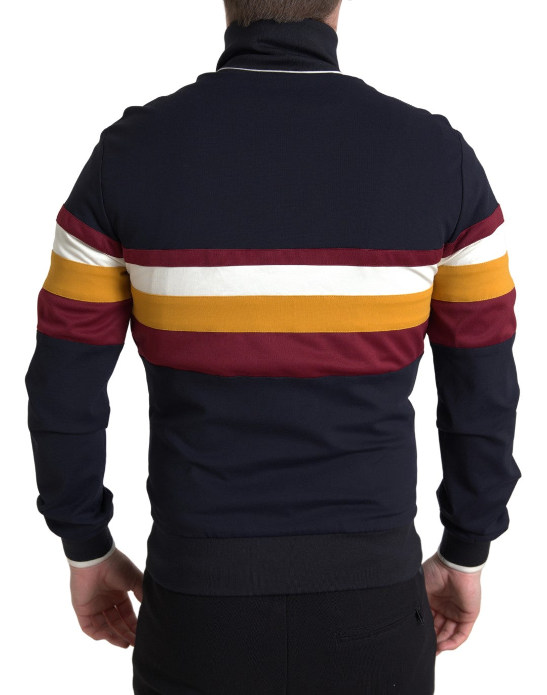 Cardigan Dolce & Gabbana bleu avec fermeture éclair et motif héraldique, en laine ou coton, porté sur un mannequin.