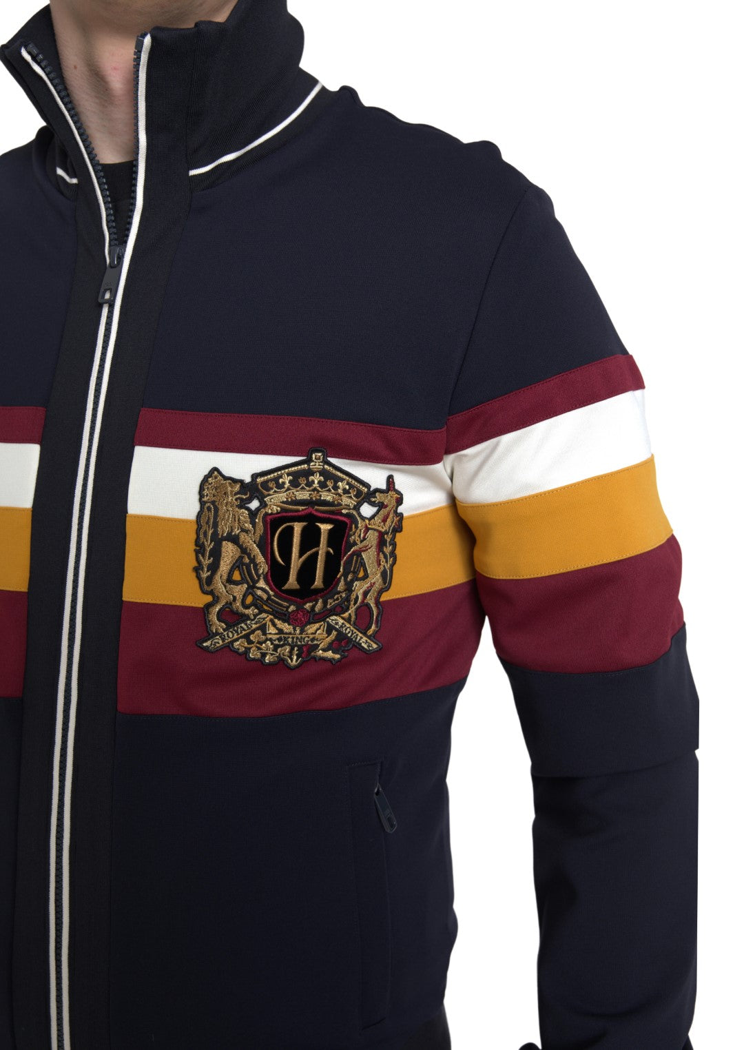 Cardigan bleu Dolce & Gabbana à fermeture éclair avec motif héraldique, pull élégant en laine.