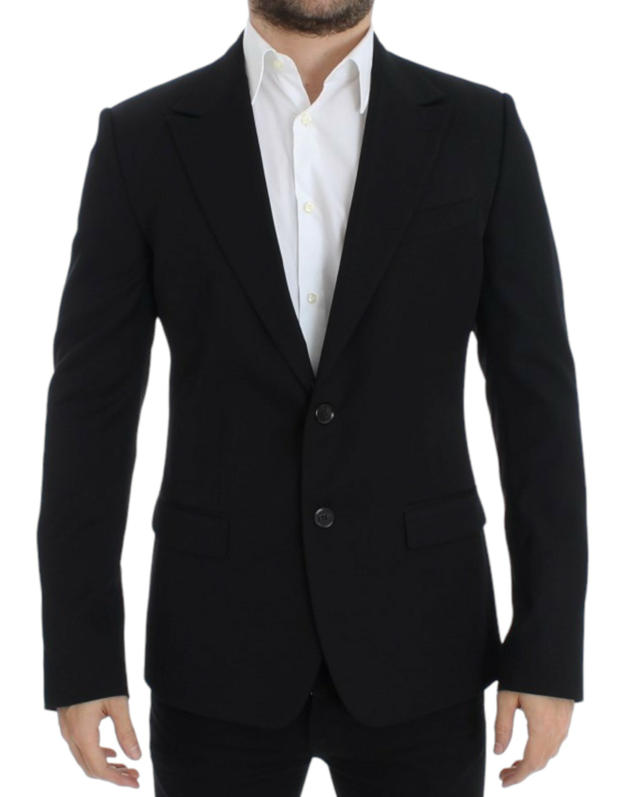 Blazer slim en laine noire de Dolce & Gabbana, ajusté, avec col en V et boutons, pour un style élégant et sophistiqué.