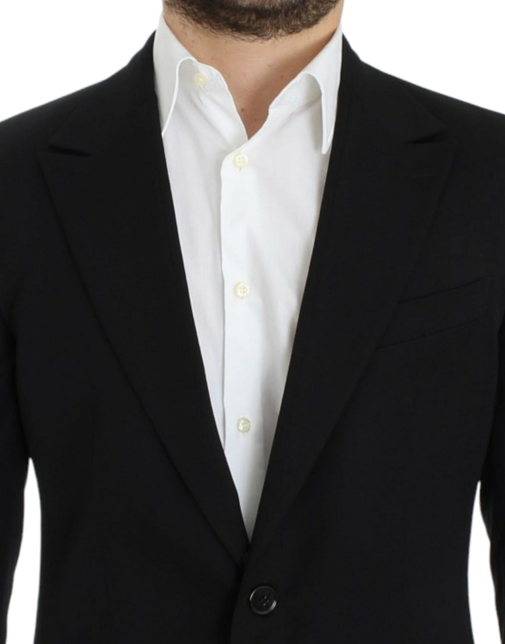 Blazer slim en laine noire de Dolce & Gabbana, coupe ajustée, porté sur un mannequin.