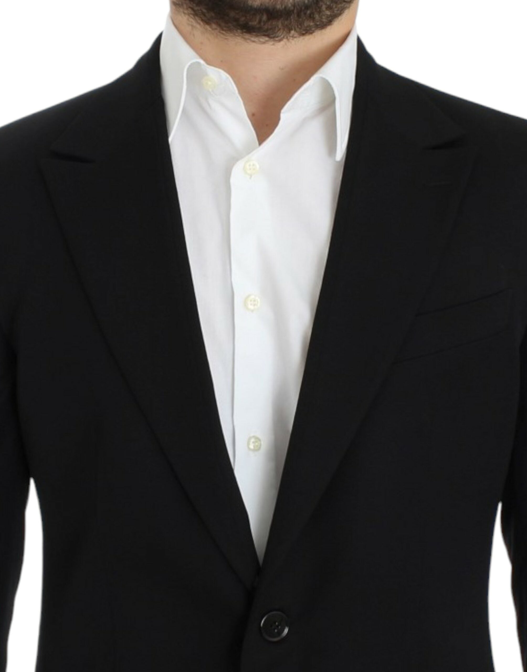 Blazer slim en laine noire de Dolce & Gabbana, coupe ajustée, porté sur un mannequin.