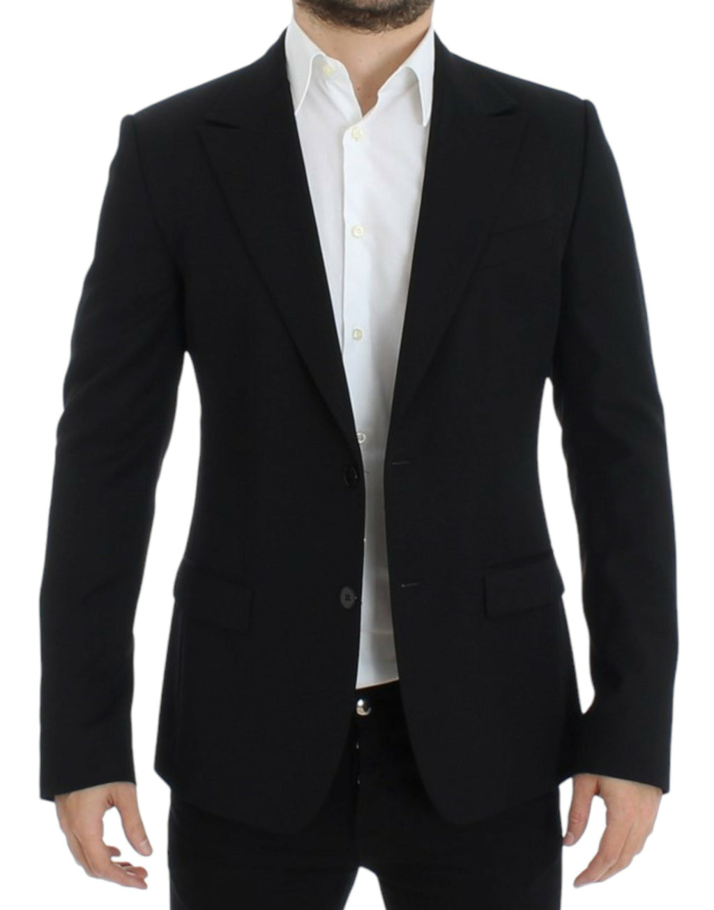 Costume noir en laine Dolce & Gabbana, blazer ajusté slim fit avec col en V et boutons, élégant et sophistiqué.