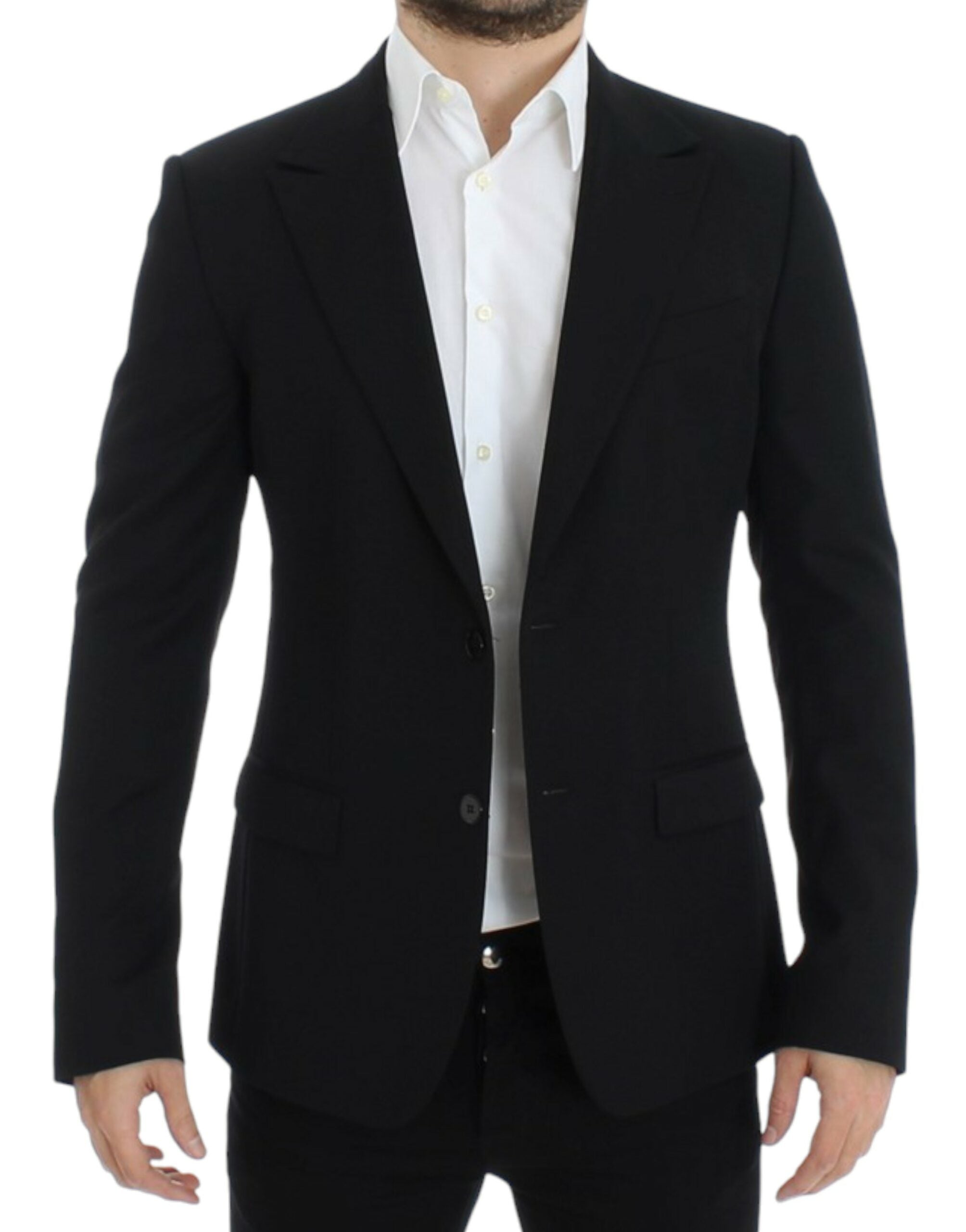Costume noir en laine Dolce & Gabbana, blazer ajusté slim fit avec col en V et boutons, élégant et sophistiqué.