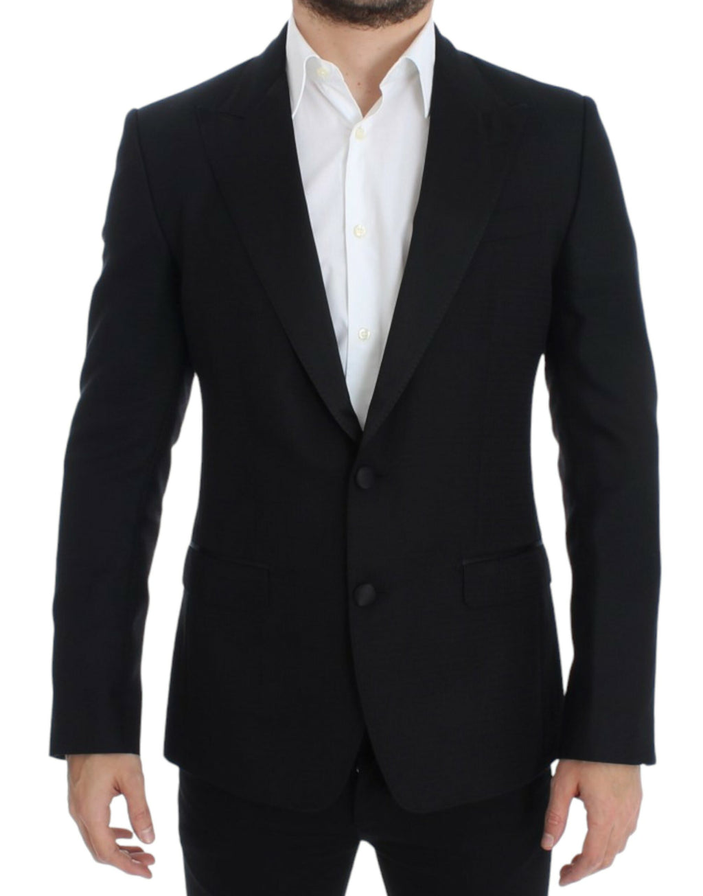 Costume Dolce & Gabbana en laine et soie noire Sicilia, blazer élégant avec détails sophistiqués.