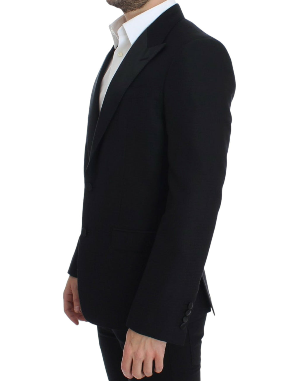 Blazer noir en laine et soie Dolce & Gabbana Sicilia, coupe élégante et détails sophistiqués, porté sur un mannequin.