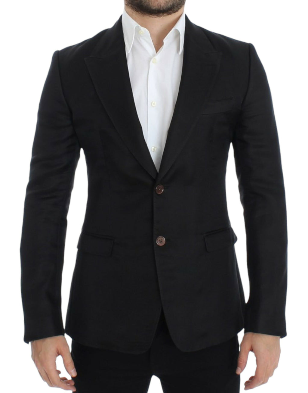 Blazer noir en soie Dolce & Gabbana, coupe ajustée et élégante, portée avec des détails sophistiqués.