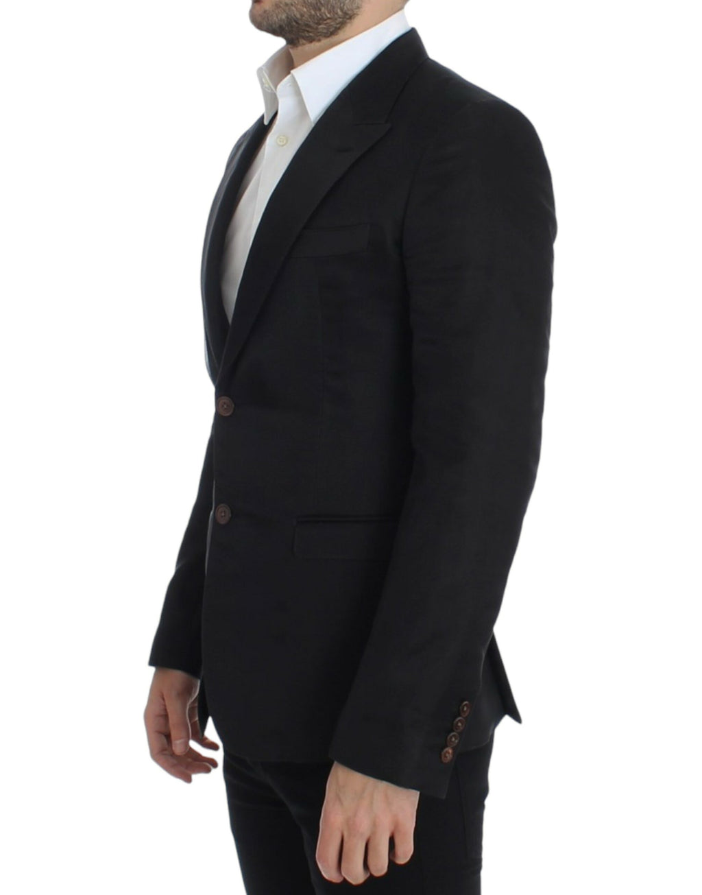 Blazer slim en soie noire de Dolce & Gabbana, ajusté, avec col en V et boutons élégants, porté sur un mannequin.