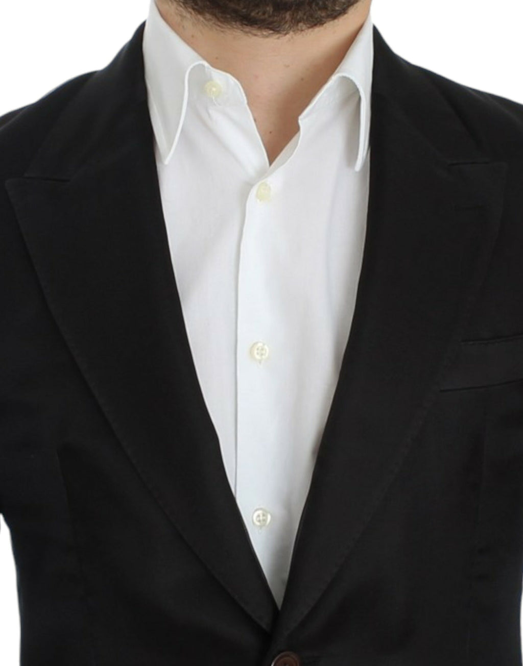 Veste blazer slim en soie noire de Dolce & Gabbana, ajustée et élégante, portée sur un mannequin.