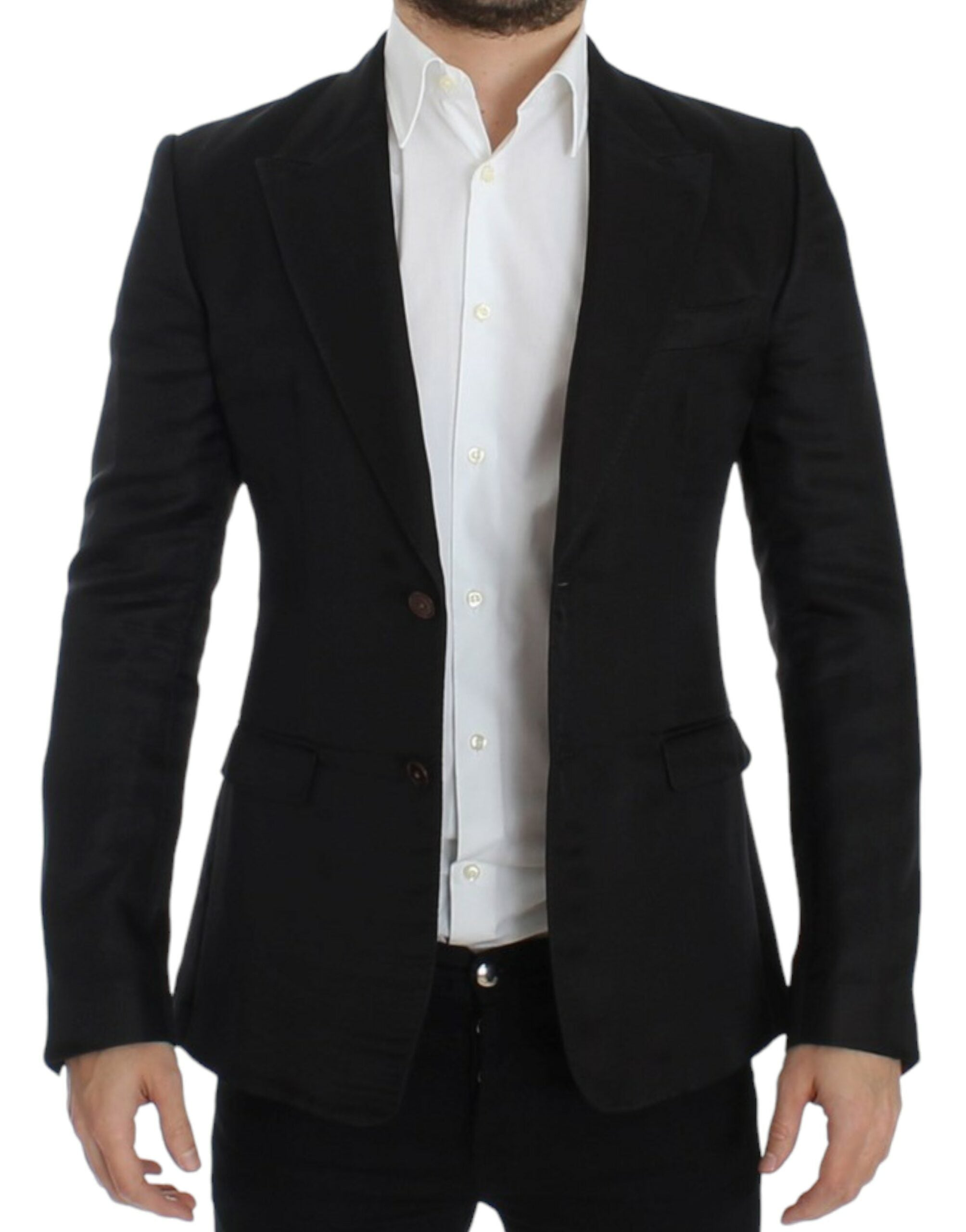 Blazer slim en soie noire de Dolce & Gabbana, coupe ajustée, porté sur un mannequin.