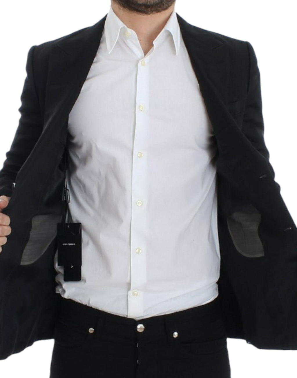 Blazer slim fit en soie noire de Dolce & Gabbana, veste élégante pour homme, détail de coupe ajustée et finition soignée.