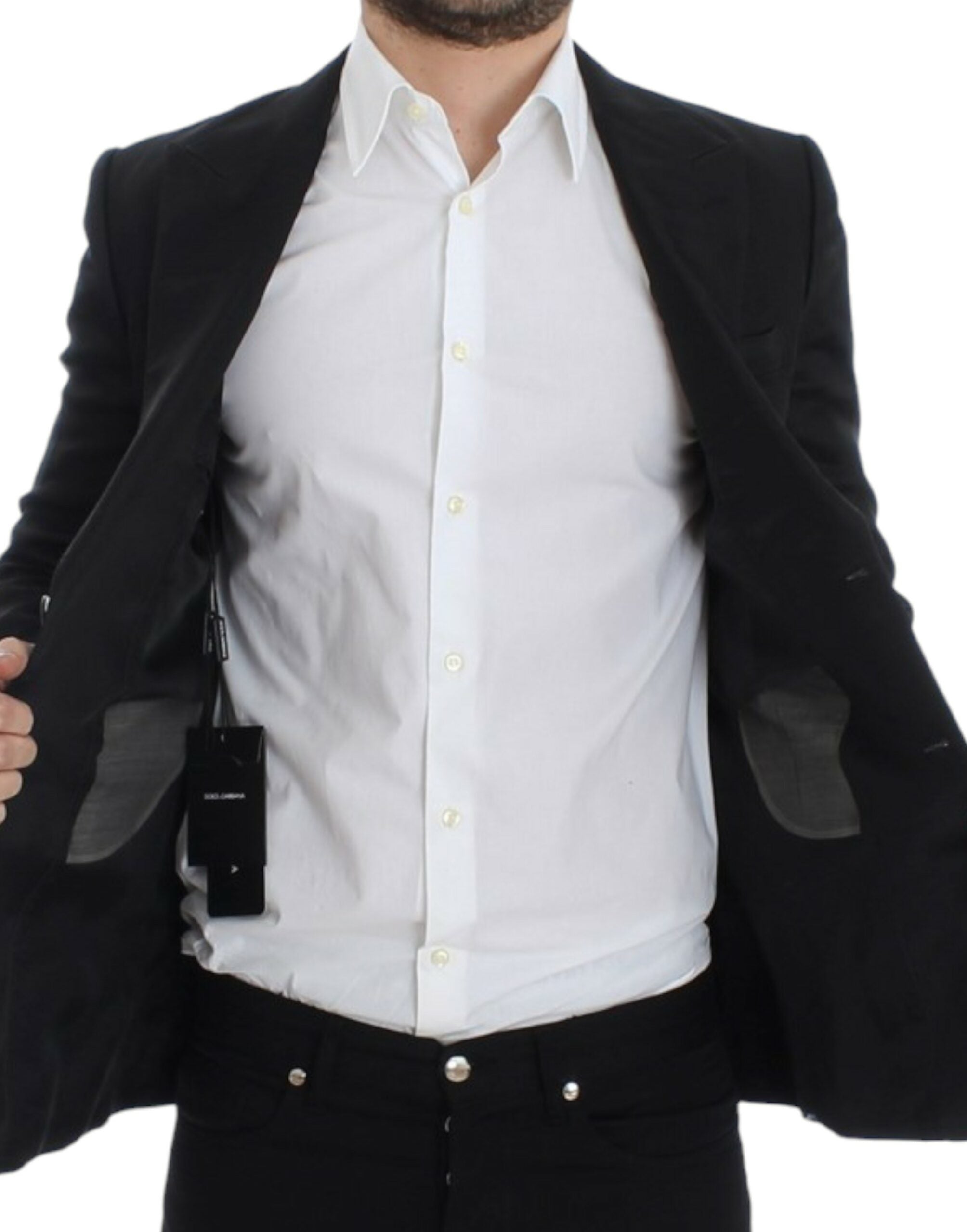 Blazer slim fit en soie noire de Dolce & Gabbana, veste élégante pour homme, détail de coupe ajustée et finition soignée.