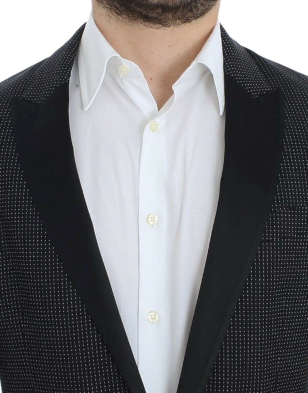 Veste slim en laine noire Dolce & Gabbana Martini, blazer élégant à col revers et boutons, vue de face sur fond blanc.