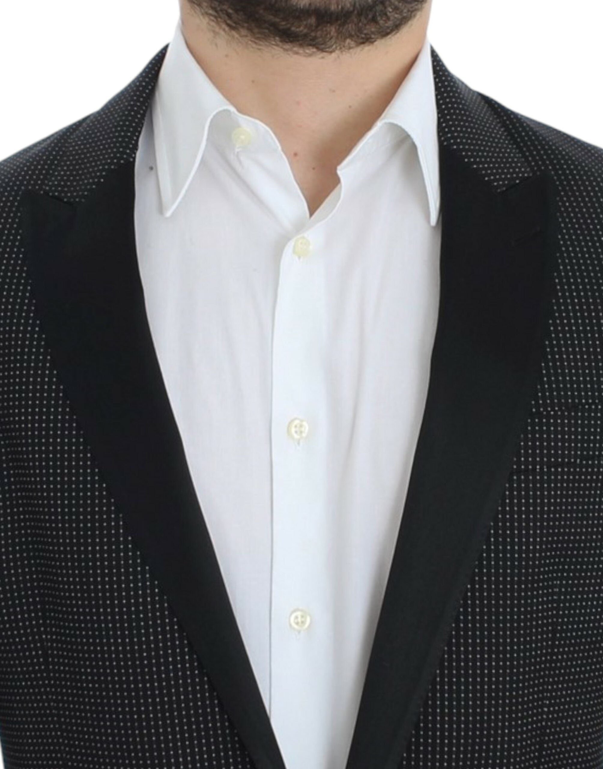 Veste slim en laine noire Dolce & Gabbana Martini, blazer élégant à col revers et boutons, vue de face sur fond blanc.