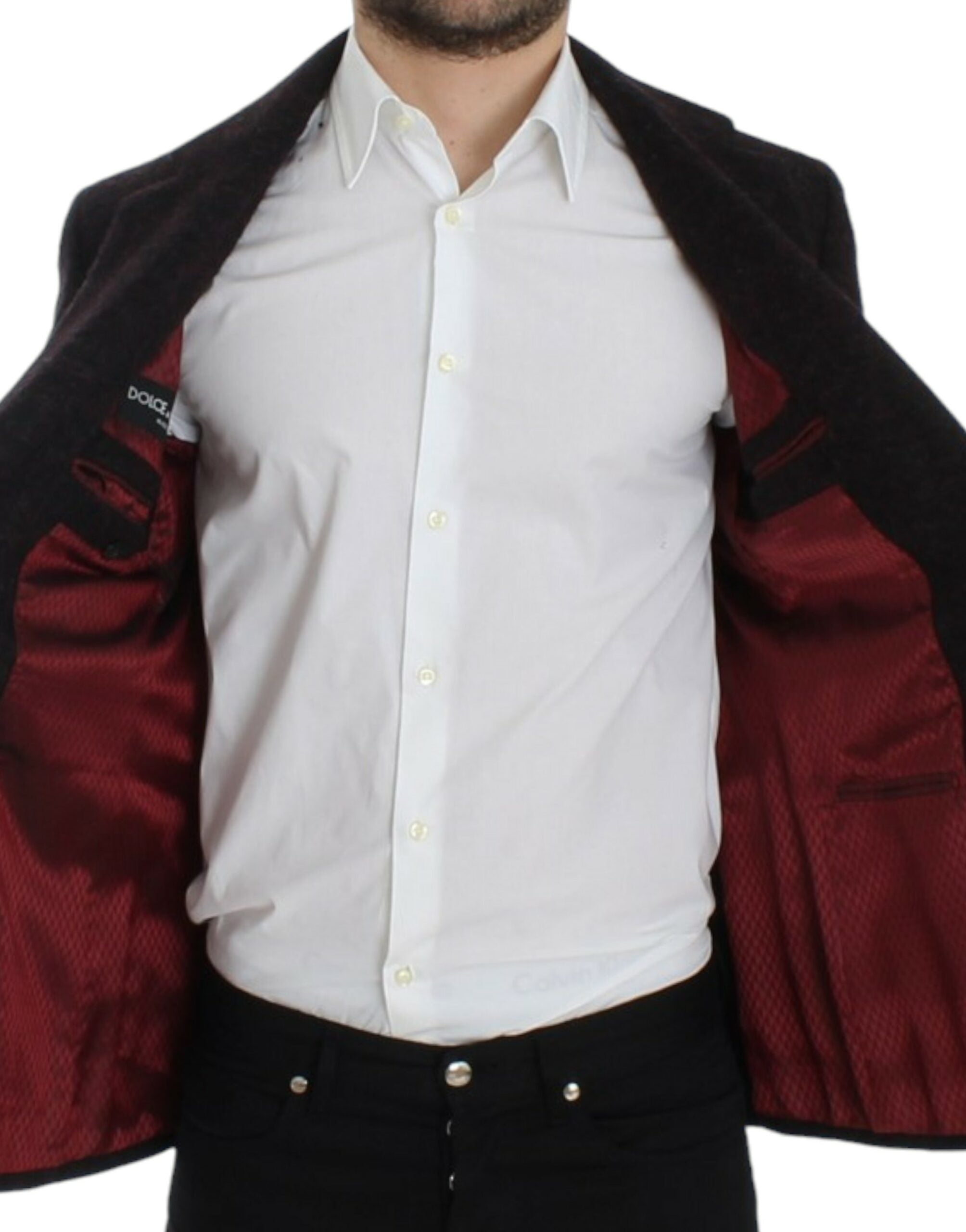 Veste blazer en alpaga Bordeaux Dolce & Gabbana à deux boutons, vue de face, élégante et sophistiquée.