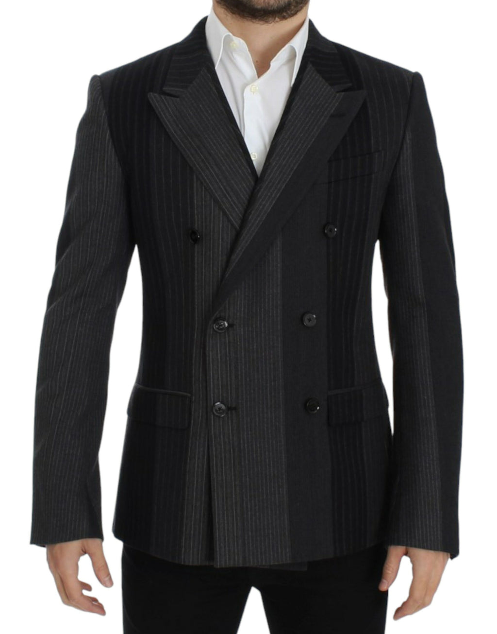 Blazer en laine gris à rayures de Dolce & Gabbana, ajusté, avec col et boutons, porté sur un mannequin.