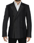 Blazer en laine gris à rayures de Dolce & Gabbana, ajusté, avec col et boutons, porté sur un mannequin.