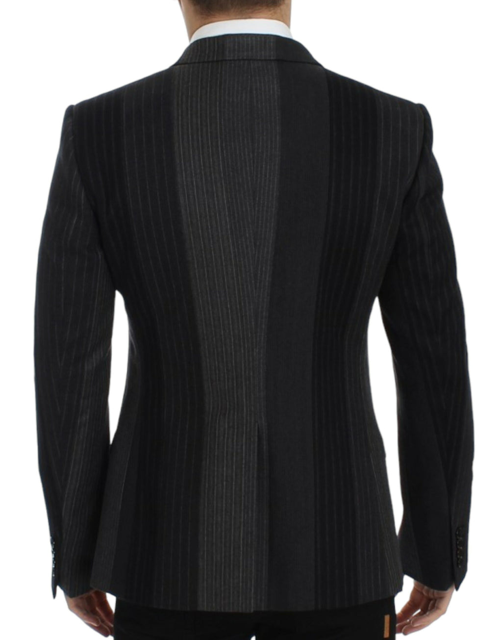 Blazer en laine gris à rayures de Dolce & Gabbana, coupe ajustée et élégante.