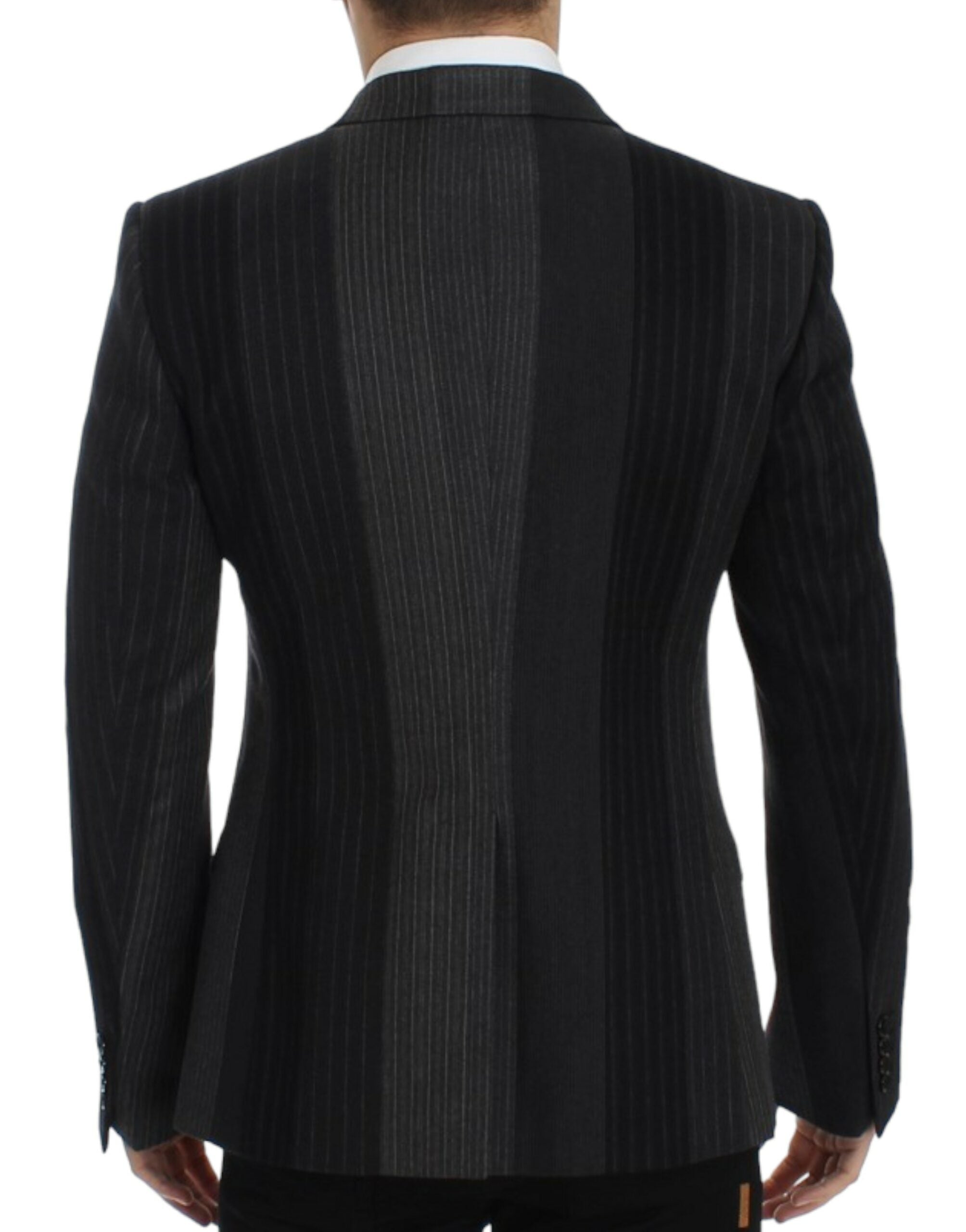 Blazer en laine gris à rayures de Dolce & Gabbana, coupe ajustée et élégante.