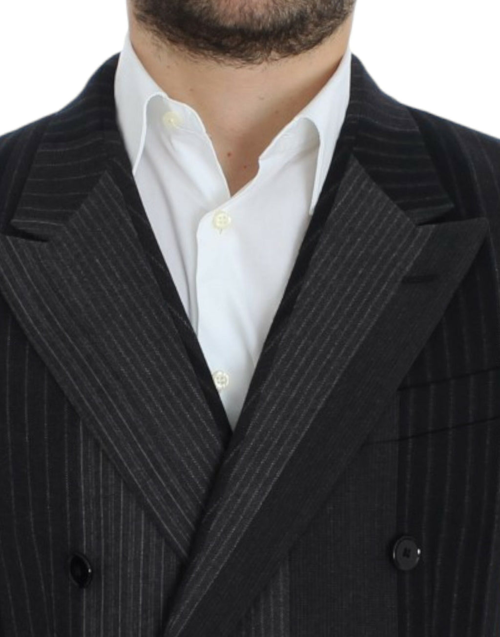 Veste blazer en laine gris rayée de Dolce & Gabbana, coupe stretch, élégante et sophistiquée, portée sur un mannequin.
