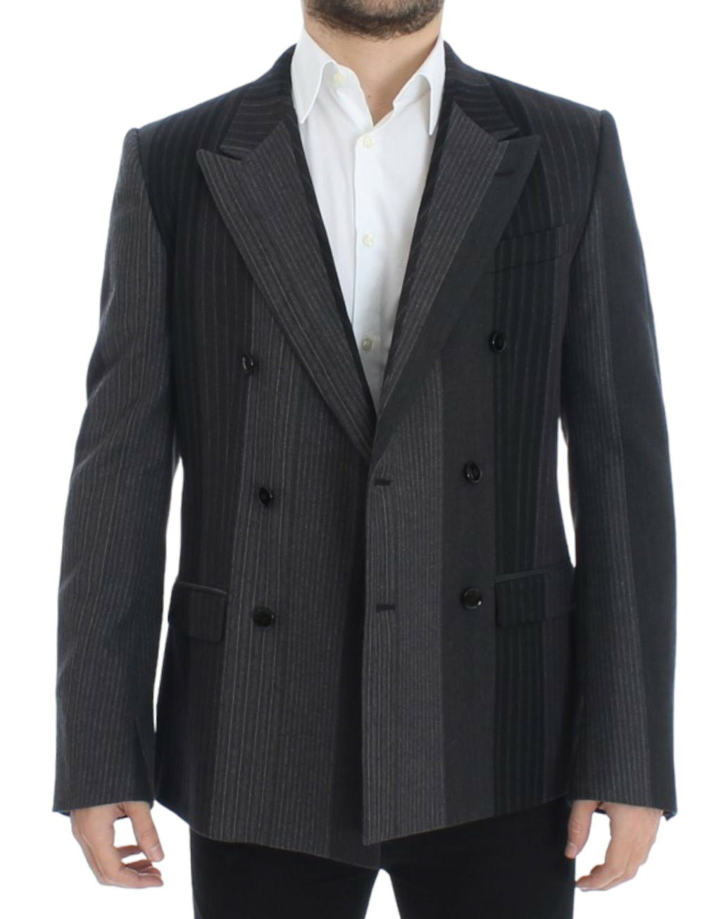 Blazer gris à rayures en laine stretch de Dolce & Gabbana, veste élégante avec coupe ajustée et détails sophistiqués.