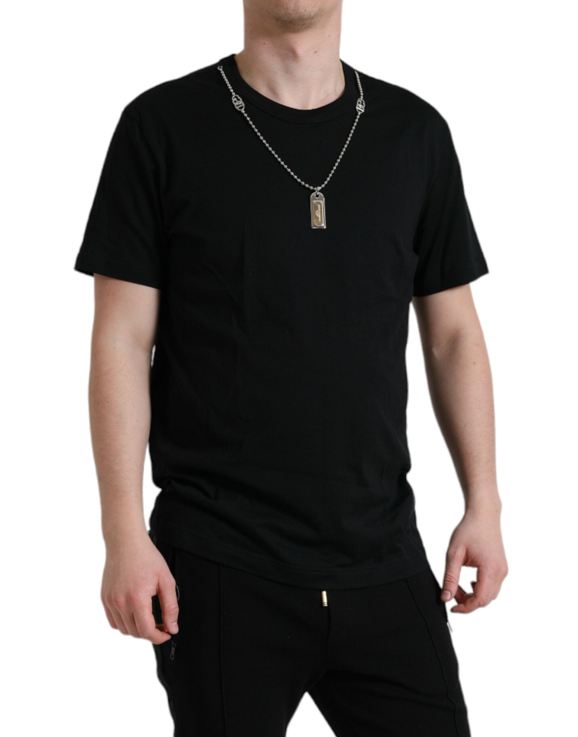 T-shirt noir en coton Dolce & Gabbana avec motif dog tag rond, col rond, style décontracté pour homme.