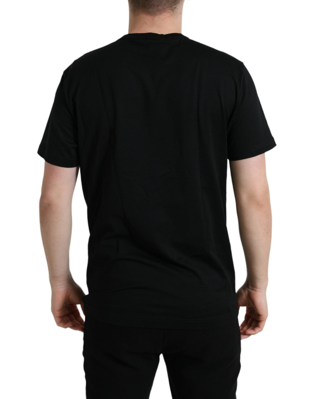 T-shirt rond noir en coton Dolce & Gabbana avec étiquette pour chien, col rond, style décontracté et moderne.