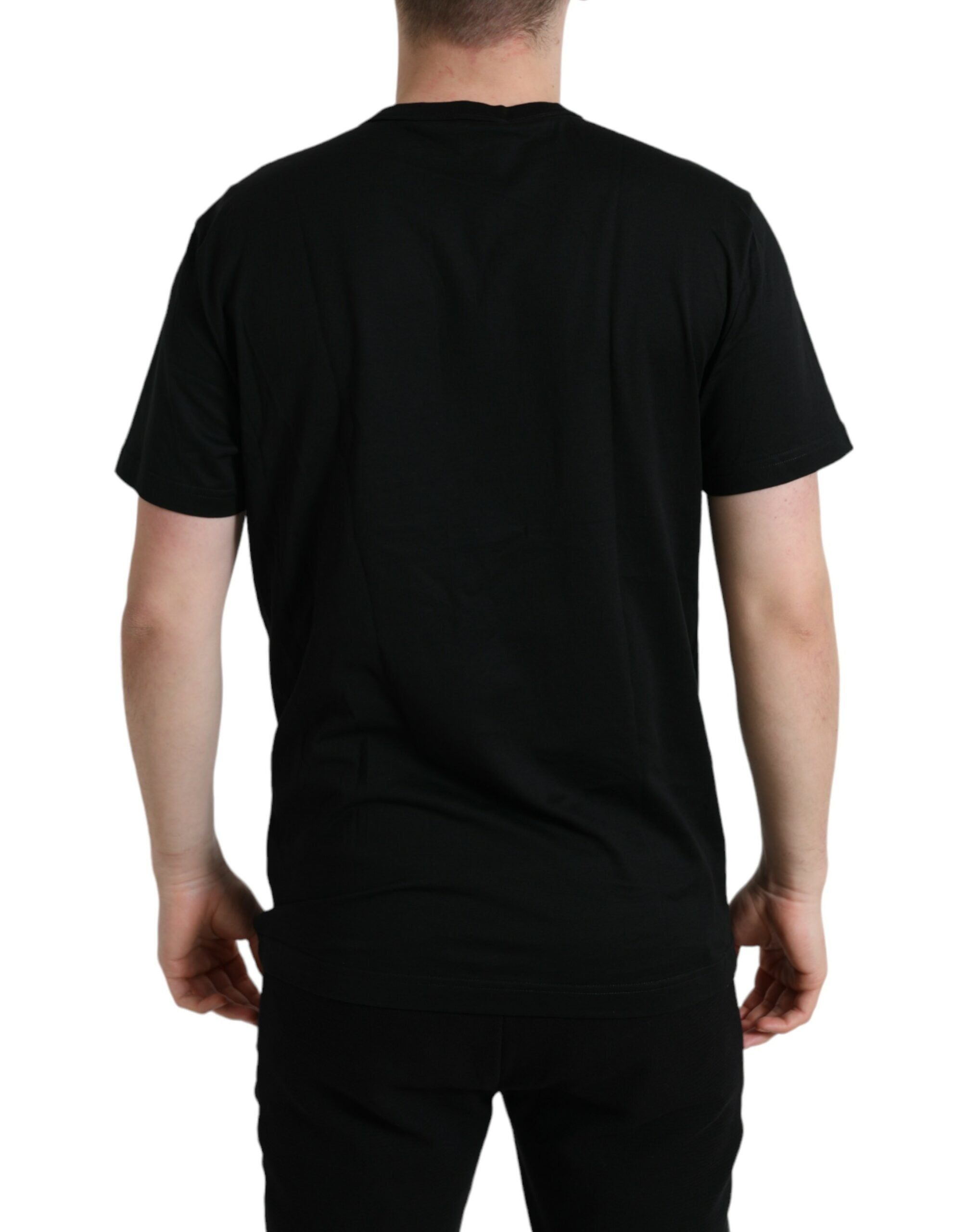 T-shirt rond noir en coton Dolce & Gabbana avec étiquette pour chien, col rond, style décontracté et moderne.