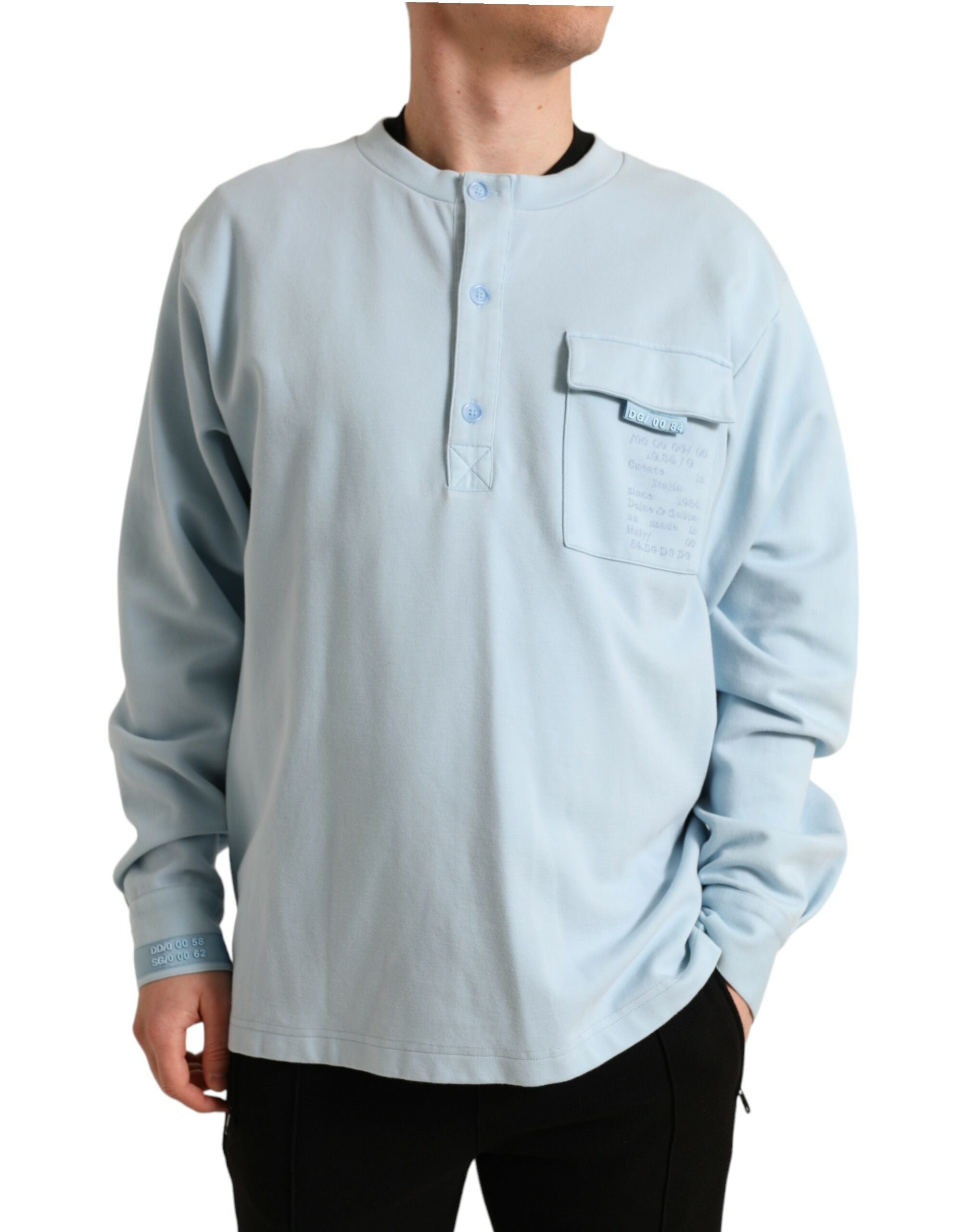 Pull en coton à boutons Dolce & Gabbana Light Blue, pull-over élégant avec col boutonné et logo discret.