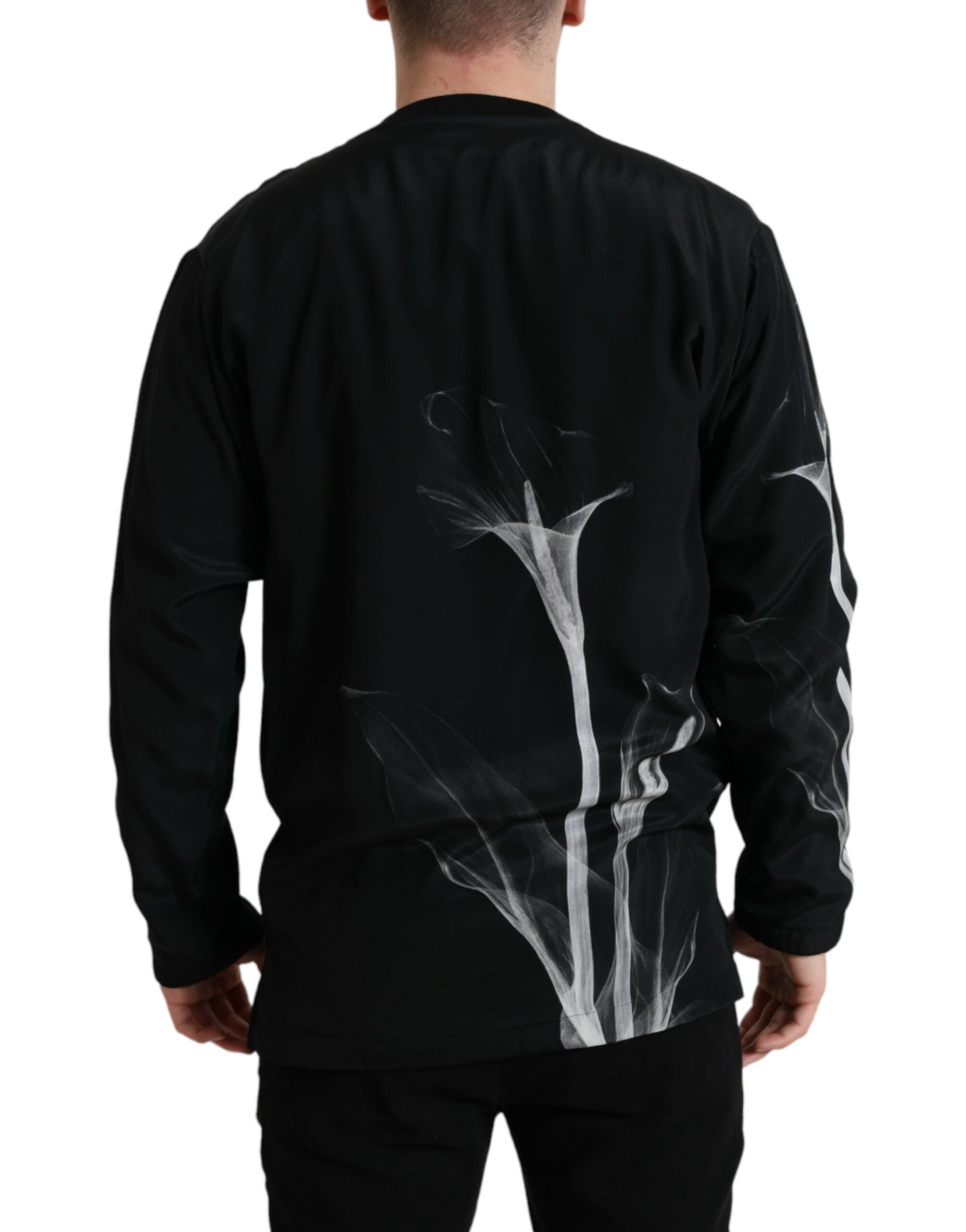 Pull à col rond Dolce & Gabbana noir avec motif floral, sweat-shirt à manches longues et style élégant.