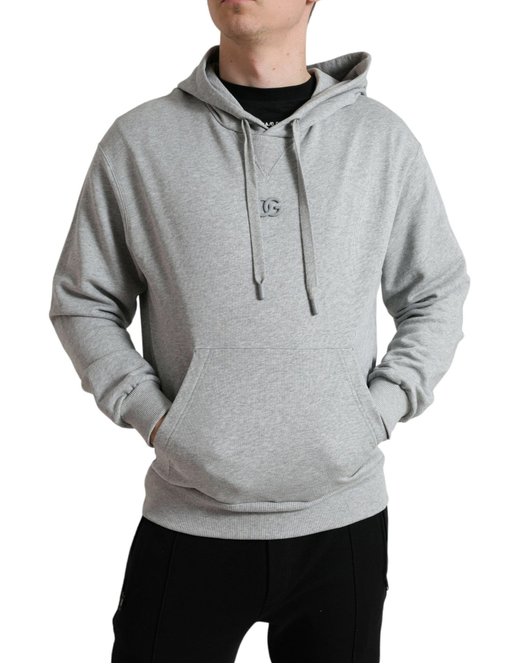 Sweat à capuche gris en coton Dolce & Gabbana avec logo, sweatshirt décontracté et confortable, vue de face.