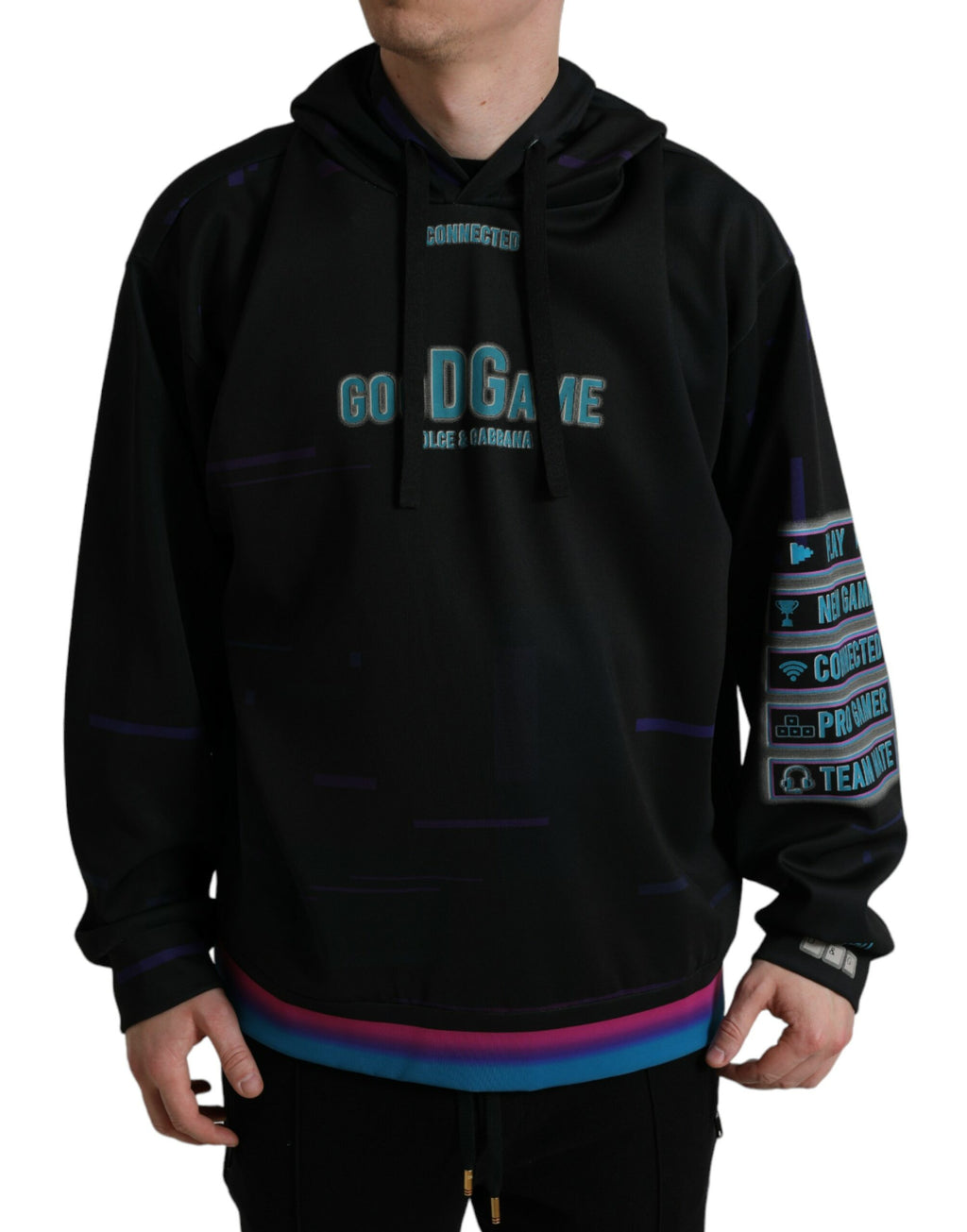 Sweat à capuche noir Dolce & Gabbana avec logo imprimé, doux et décontracté, visible avec capuche et manches longues.