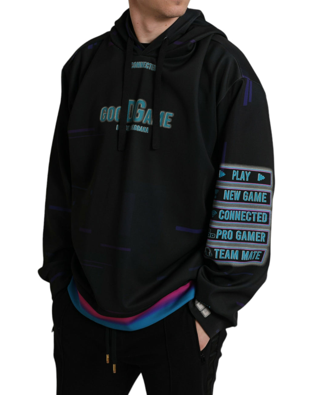 Sweat à capuche noir Dolce & Gabbana avec logo imprimé, pull en coton, mode décontractée, vue de face.
