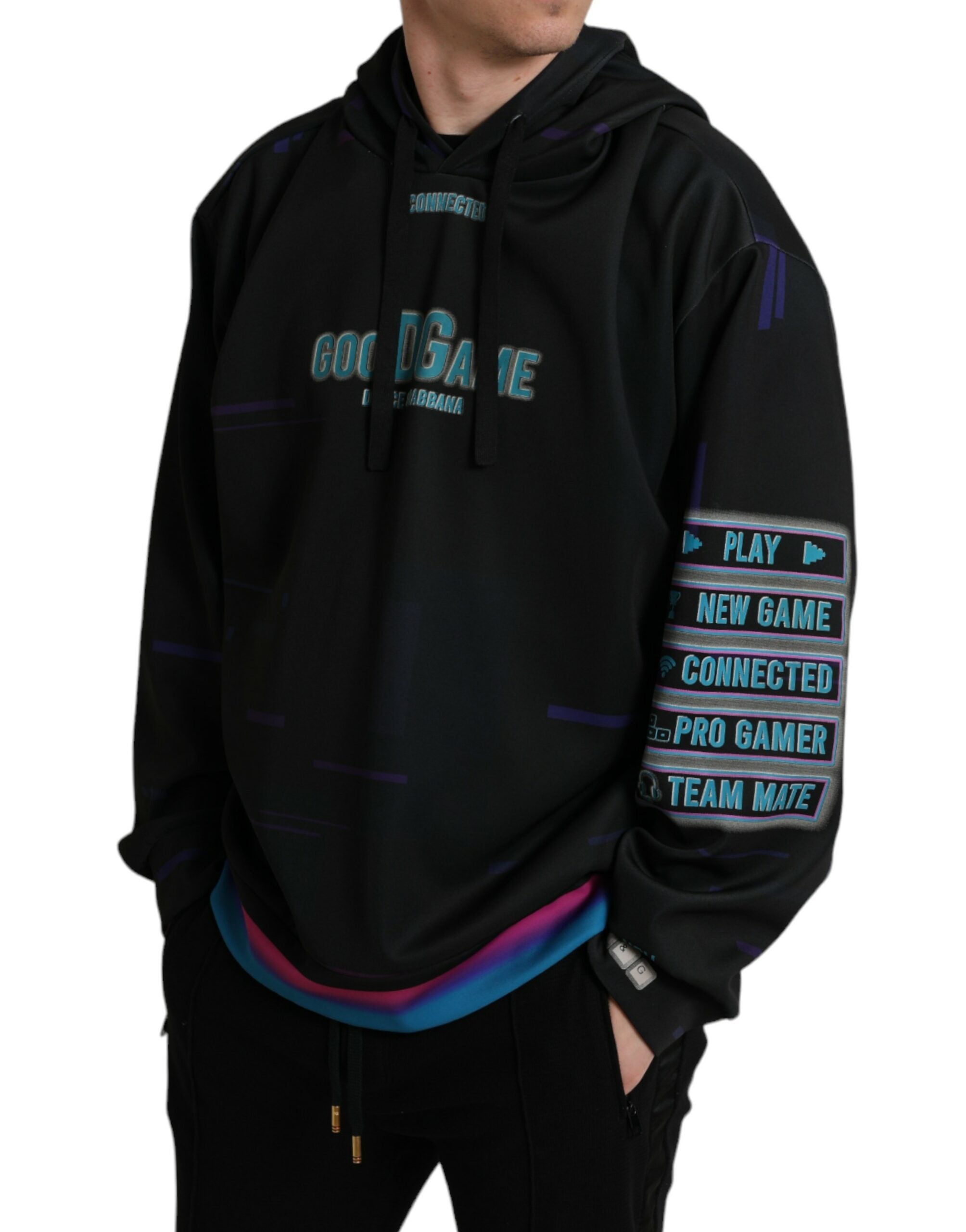Sweat à capuche noir Dolce & Gabbana avec logo imprimé, pull en coton, mode décontractée, vue de face.