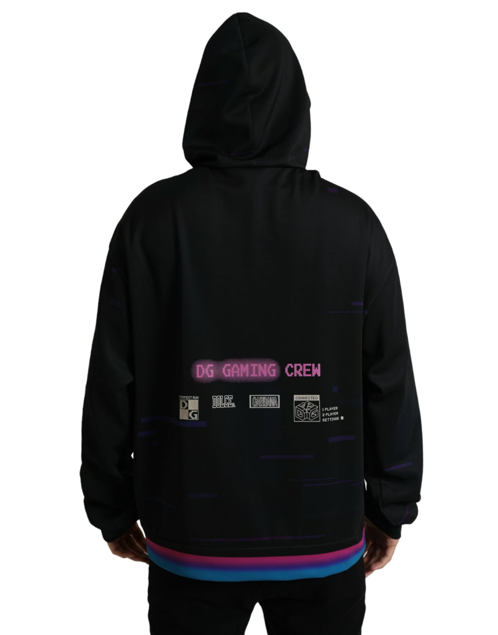 Sweat à capuche Dolce & Gabbana noir avec logo imprimé, pull en coton confortable, vue en gros plan.