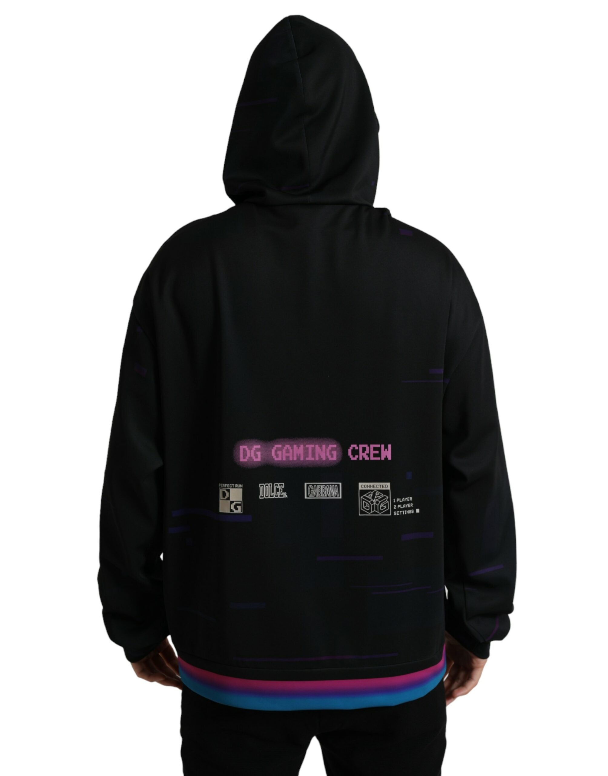 Sweat à capuche Dolce & Gabbana noir avec logo imprimé, pull en coton confortable, vue en gros plan.