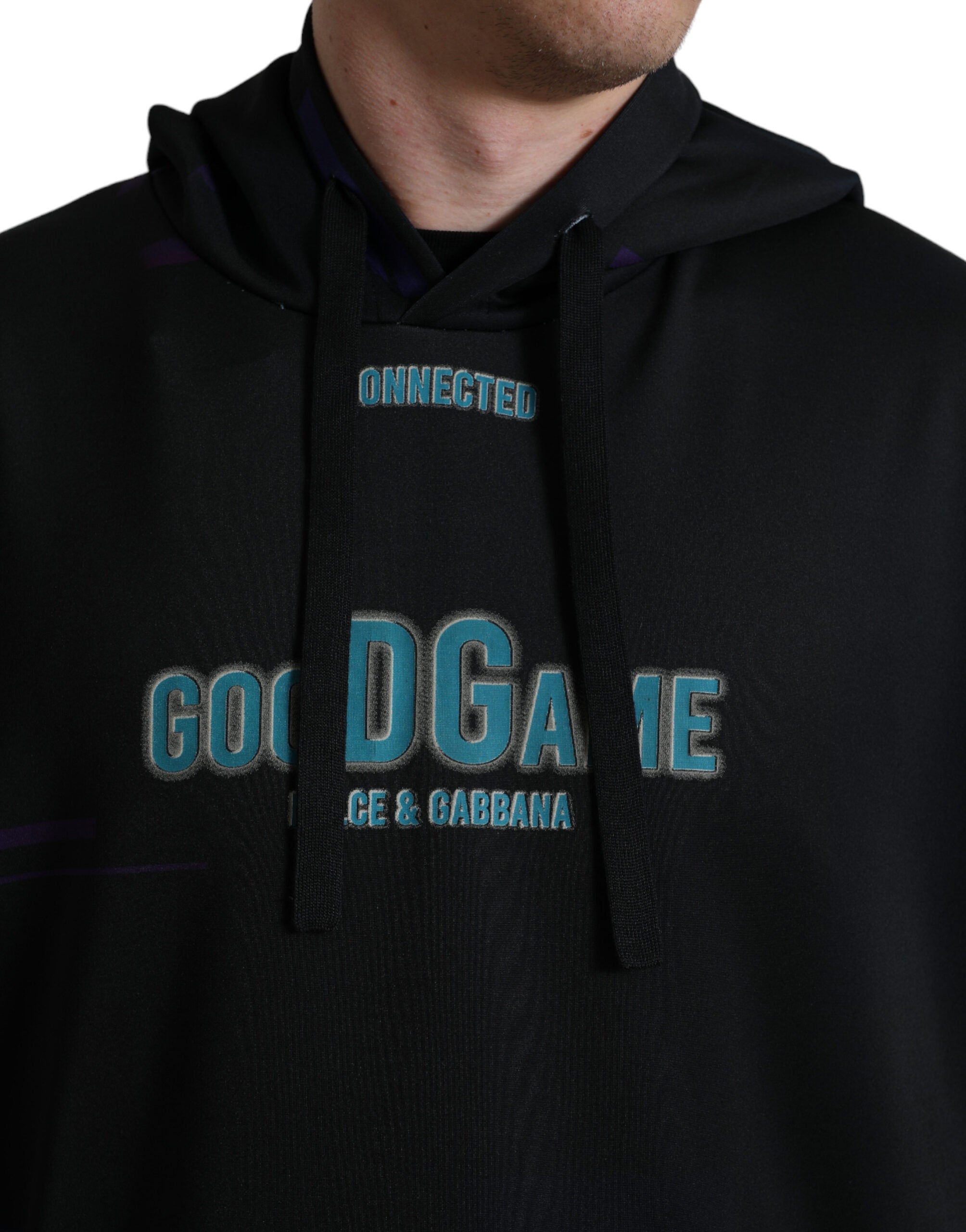 Sweat-shirt à capuche noir Dolce & Gabbana avec logo imprimé, pull décontracté en coton, vue de face.
